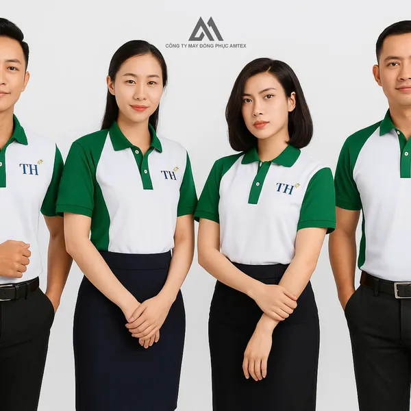 Mẫu áo thun đồng phục TH Group màu trắng phối vai xanh lá