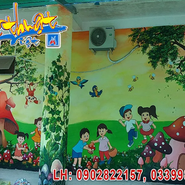 Vẽ tranh tường Mầm Non Củ Chi 2. Khu vườn làm nấm.