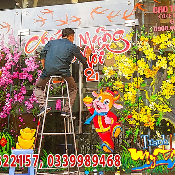 Vẽ tranh tường trang trí tết 2021