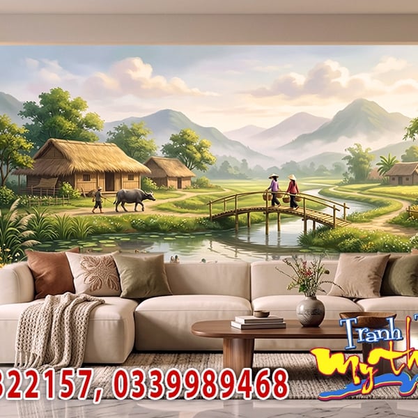 Vẽ tranh tường 3d nghệ thuật tranh phong thủy làng quê