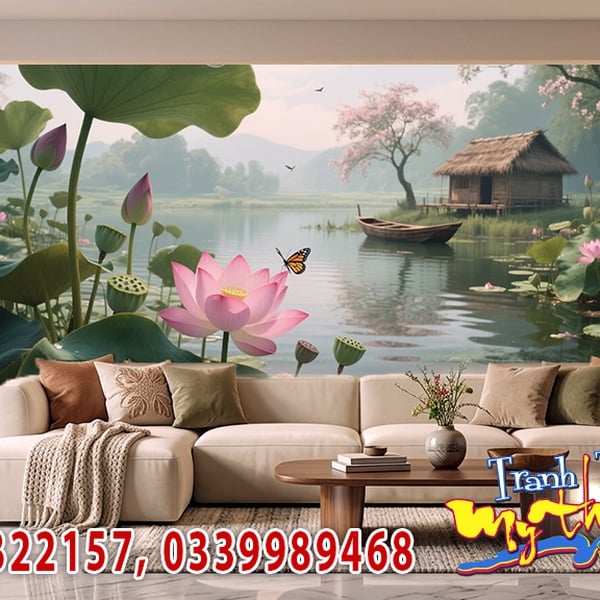 Vẽ Tranh Tường Phòng Khách -Tranh Sơn Thủy Hữu Tình