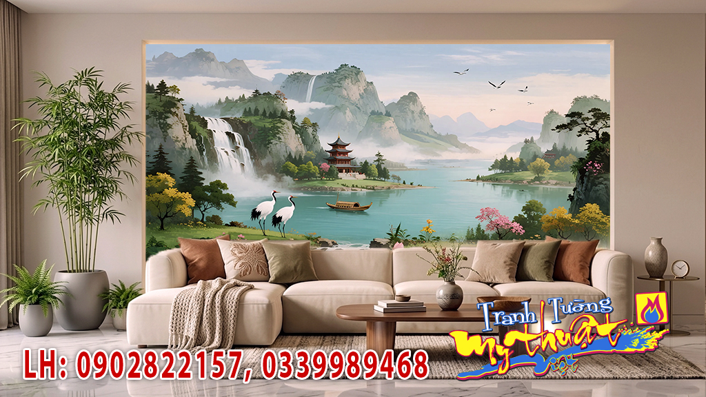 Vẽ Tranh Tường Phòng Khách -Tranh Sơn Thủy Hữu Tình Vẽ Tranh Tường Phòng Khách -Tranh Sơn Thủy Hữu Tình
