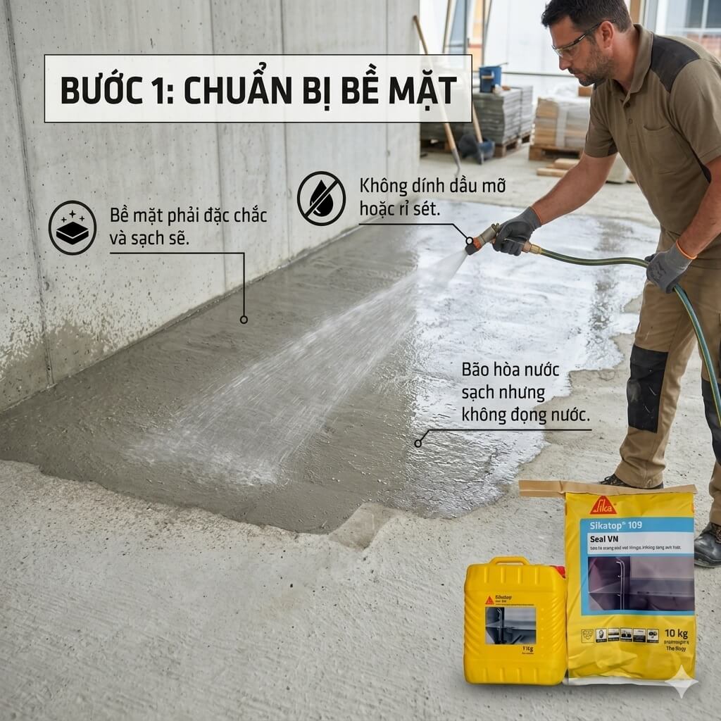 Hướng dẫn bước 1 chuẩn bị bề mặt bê tông bão hòa nước trước khi thi công chống thấm SikaTop Seal 109 VN chuẩn kỹ thuật