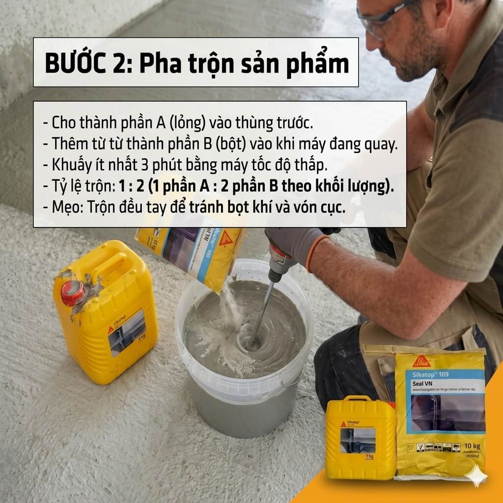 Hướng dẫn bước 2 pha trộn hỗn hợp SikaTop Seal 109 VN đúng tỷ lệ chuẩn kỹ thuật.