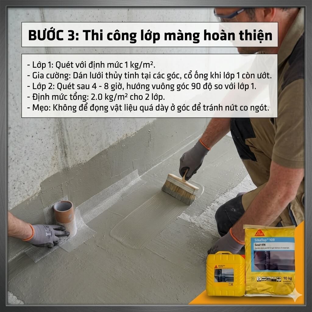 Hướng dẫn bước 3 thi công quét vữa chống thấm SikaTop Seal 109 VN và dán lưới gia cường chuẩn kỹ thuật