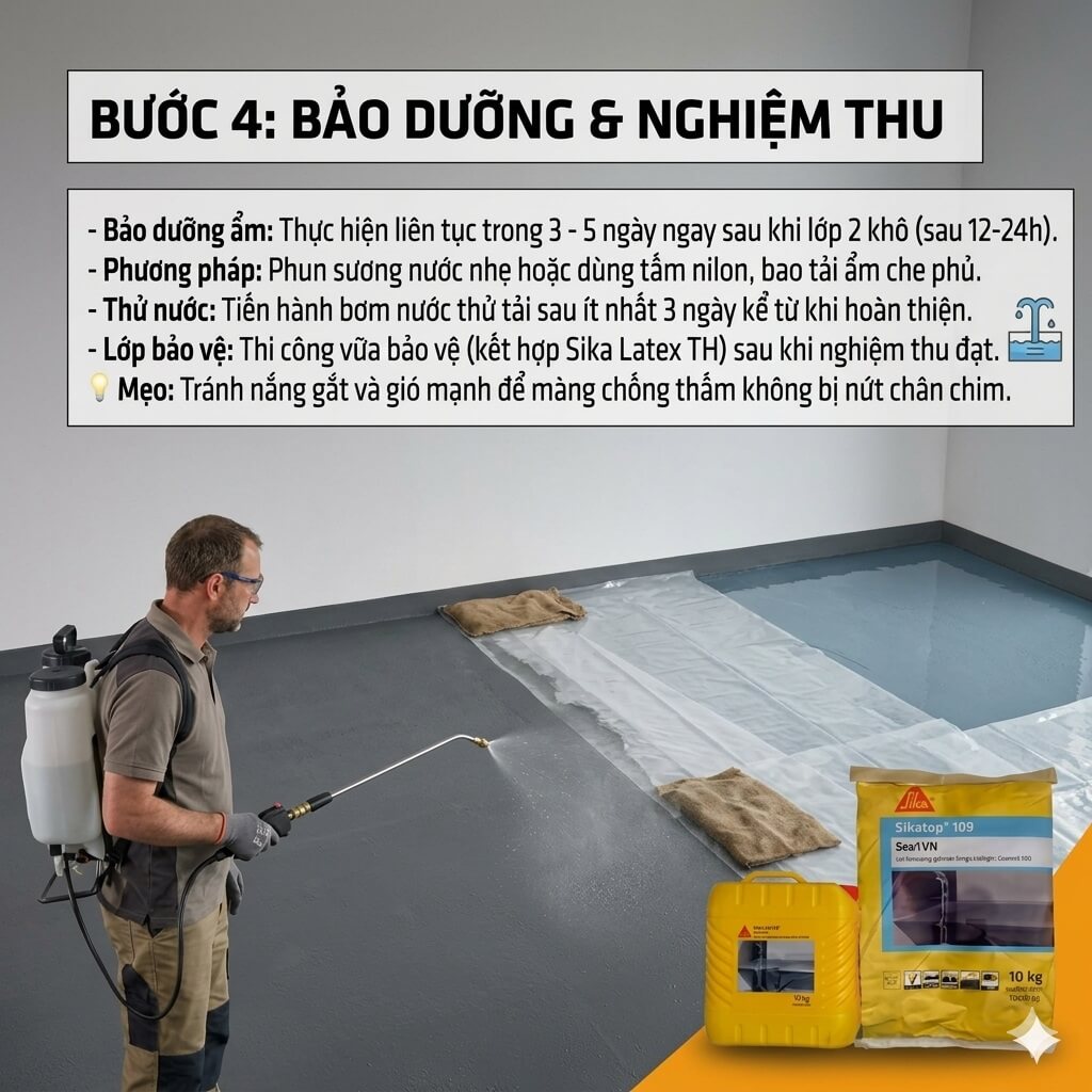 Hướng dẫn bước 4 bảo dưỡng và thử nước nghiệm thu SikaTop Seal 109 VN chuẩn kỹ thuật