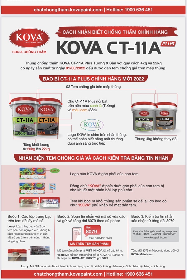 CÁCH NHẬN BIẾT CHỐNG THẤM KOVA CT11A SÀN CHÍNH HÃNG MỚI NHẤT 2024