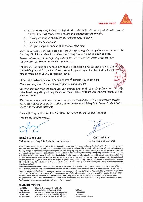 THƯ THÔNG BÁO THAY ĐỔI SẢN PHẨM SIKA POXITAR F THÀNH SIKAGARD 180