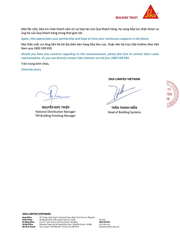 THƯ THÔNG BÁO THAY ĐỔI THIẾT KẾ BAO BÌ SẢN PHẨM SIKA WALL SKIMCOAT