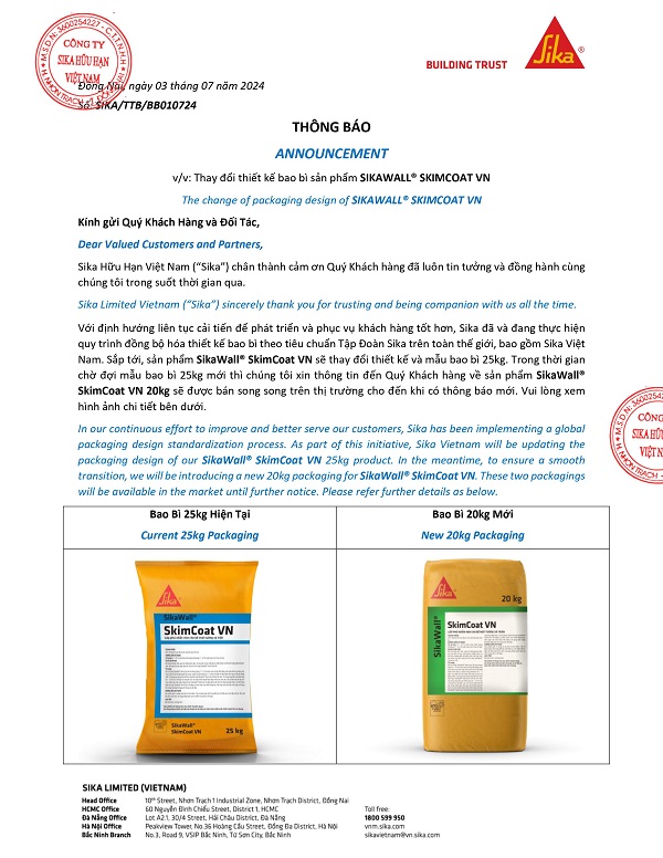 THƯ THÔNG BÁO THAY ĐỔI THIẾT KẾ BAO BÌ SẢN PHẨM SIKAWALL SKIMCOAT
