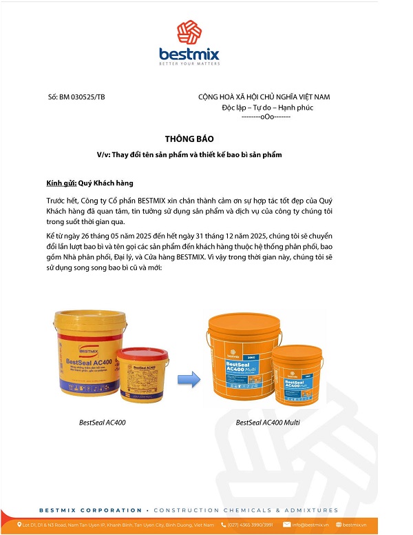 THÔNG BÁO CHUYỂN ĐỔI TÊN SẢN PHẢM VÀ THIẾT KẾ BAO BÌ MỚI AC400