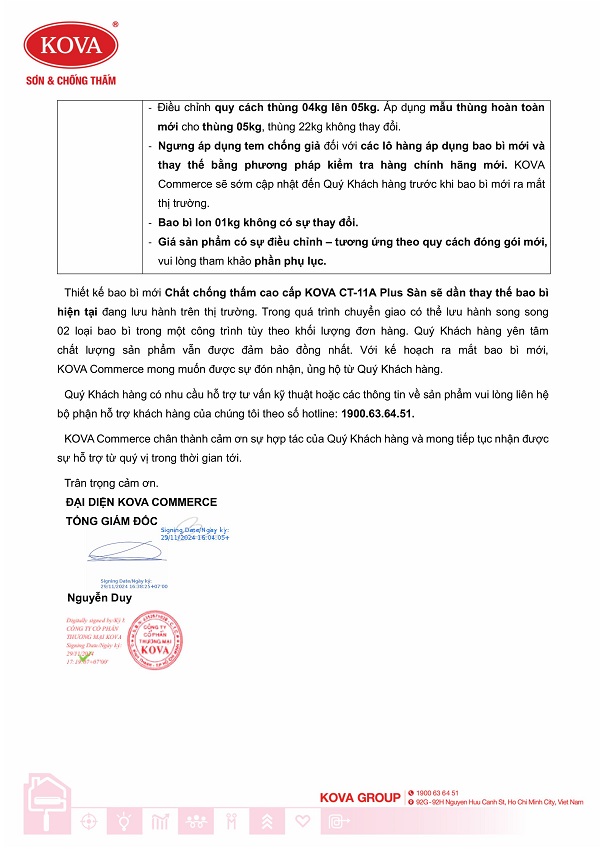 THÔNG BÁO ĐIỀU CHỈNH BAO BÌ CHẤT CHỐNG THẤM KOVA CT11A PLUS SÀN TẠI HCM