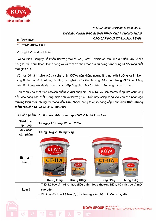 THÔNG BÁO ĐIỀU CHỈNH BAO BÌ CHẤT CHỐNG THẤM KOVA CT11A PLUS SÀN