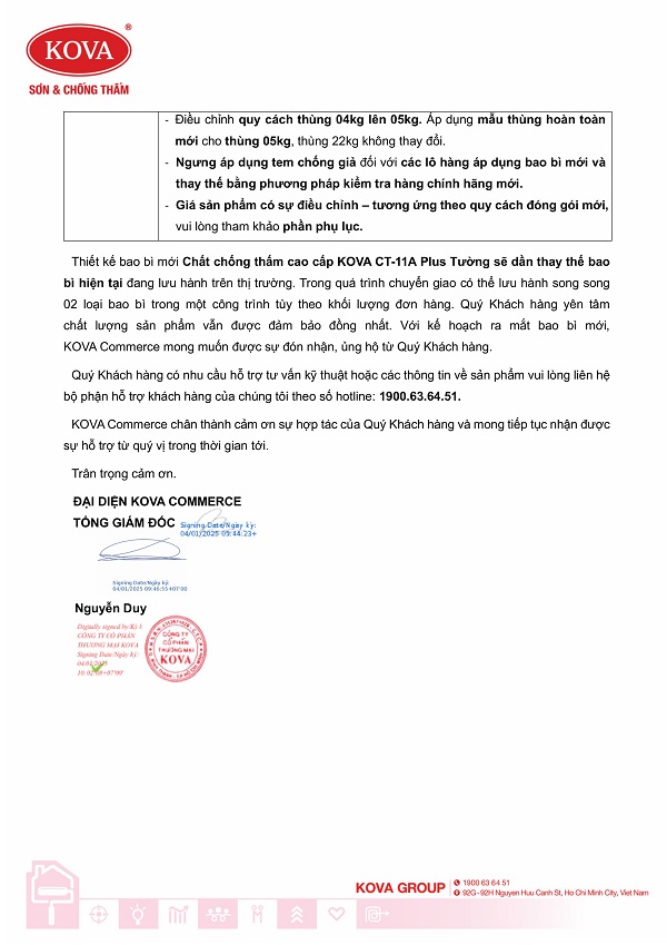 THÔNG BÁO ĐIỀU CHỈNH BAO BÌ CHẤT CHỐNG THẤM KOVA CT11A PLUS TƯỜNG TẠI HCM