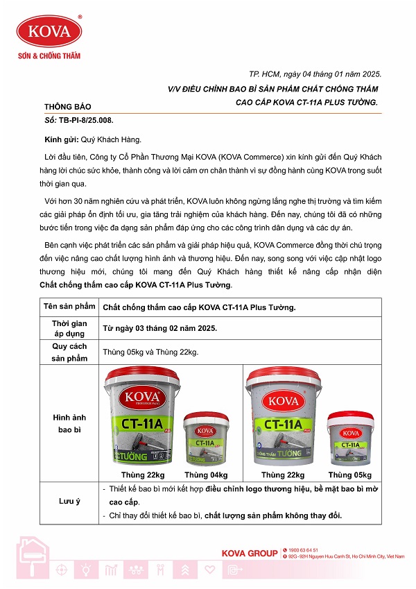 THÔNG BÁO ĐIỀU CHỈNH BAO BÌ CHẤT CHỐNG THẤM KOVA CT11A PLUS TƯỜNG
