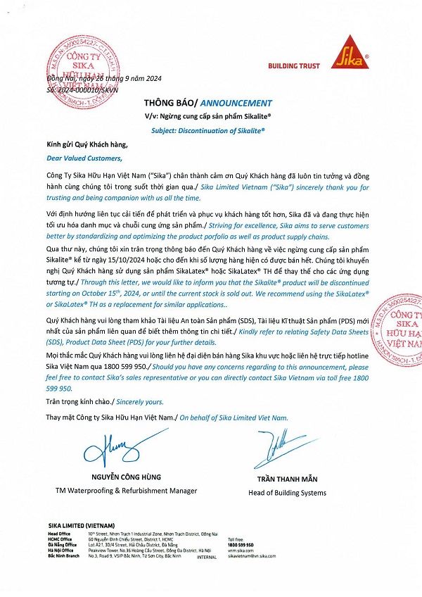 THÔNG BÁO NGỪNG CUNG CẤP SẢN PHẨM SIKALITE