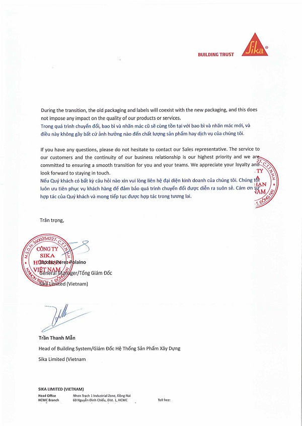 THƯ THÔNG BÁO THAY ĐỔI TÊN SẢN PHẨM MASTERSEAL 530 THÀNH SIKATOP 530