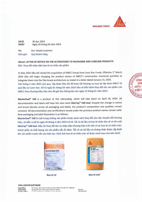 THƯ THÔNG BÁO THAY ĐỔI TÊN SP MASTERSEAL 530 THÀNH SIKATOP 530