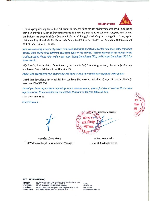 THƯ THÔNG BÁO ĐỔI TÊN SIKADUR 731 THÀNH SIKADUR 31 CF NORMAL -1