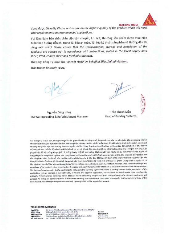 THƯ THÔNG BÁO THAY THẾ SP SIKA MONOTOP 166 MIGRATING THÀNH SIKATOP 530 SEAL