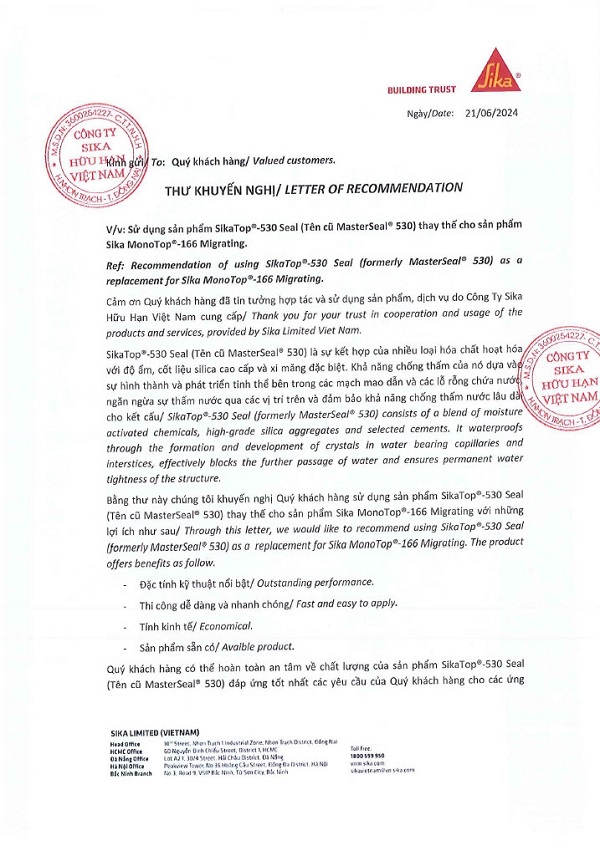 THƯ THÔNG BÁO THAY THẾ SP SIKA MONOTOP 166 MIGRATING THÀNH SIKATOP 530