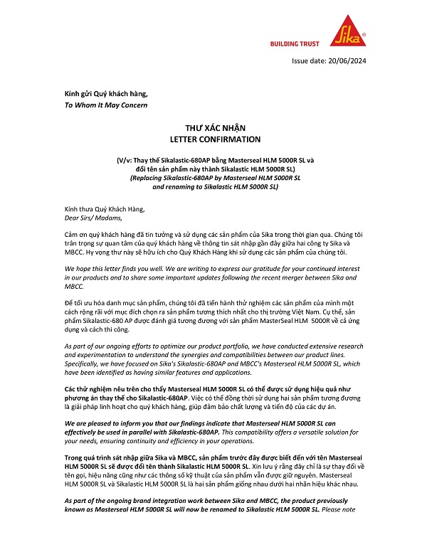 THƯ THÔNG BÁO THAY ĐỔI SP MASTERSEAL HLM 5000 R SL