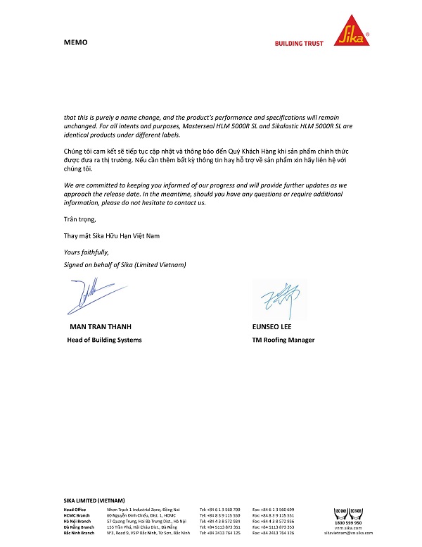THƯ THÔNG BÁO THAY ĐỔI TÊN SP MASTERSEAL HLM 5000 R