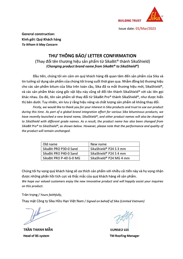 THƯ THÔNG BÁO ĐỔI TÊN TỪ SIKABIT PRO 30 SAND THÀNH SIKASHIELD P24S