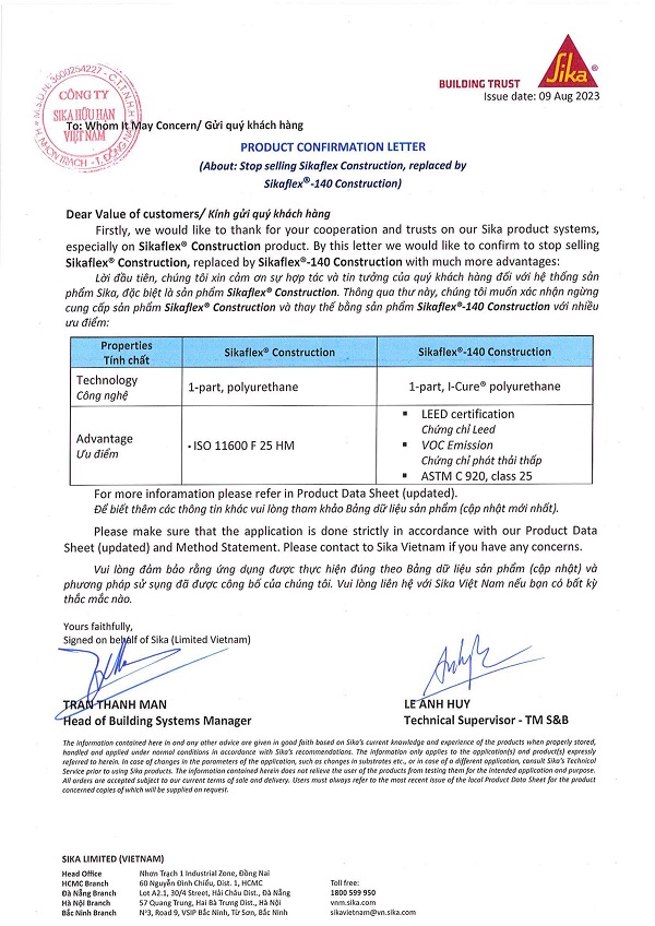THƯ THÔNG BÁO THAY THẾ SIKAFLEX CONSTRUCTION THÀNH SIKAFLEX 140 CONSTRUCTION