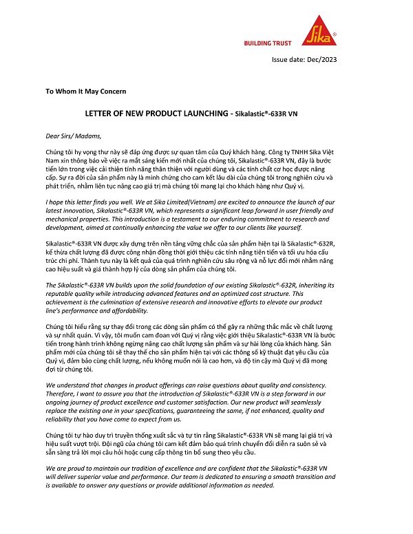 THƯ THÔNG BÁO THAY ĐỔI SP SIKALASTIC 632 R THÀNH SIKALASTIC 633 R