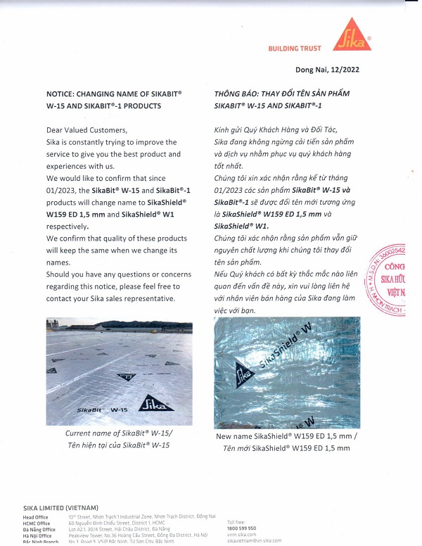 THƯ THÔNG BÁO THAY ĐỔI SP TỪ SIKABIT W15 THÀNH SIKASHIELD W159 ED 1.5MM