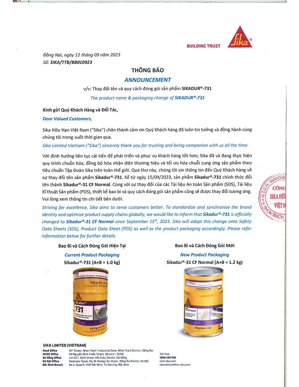 THƯ THỐNG BÁO ĐỔI TÊN SIKADUR 731 THÀNH SIKADUR 31 CF NORMAL