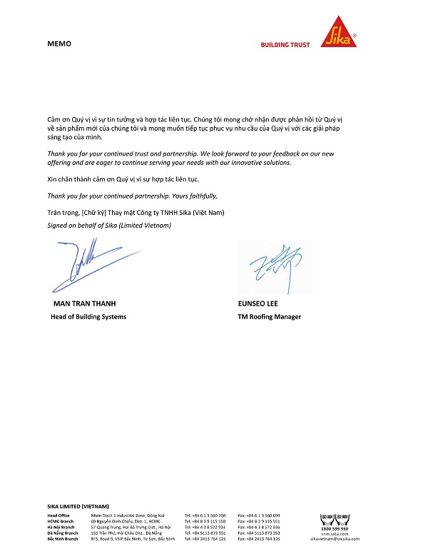 THƯ THÔNG BÁO THAY ĐỔI SẢN PHẨM SIKALASTIC 632 R THÀNH SIKALASTIC 633 R