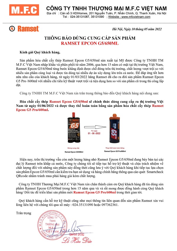 THƯ THÔNG BÁO THAY THẾ RAMSET EPCON G5 PRO