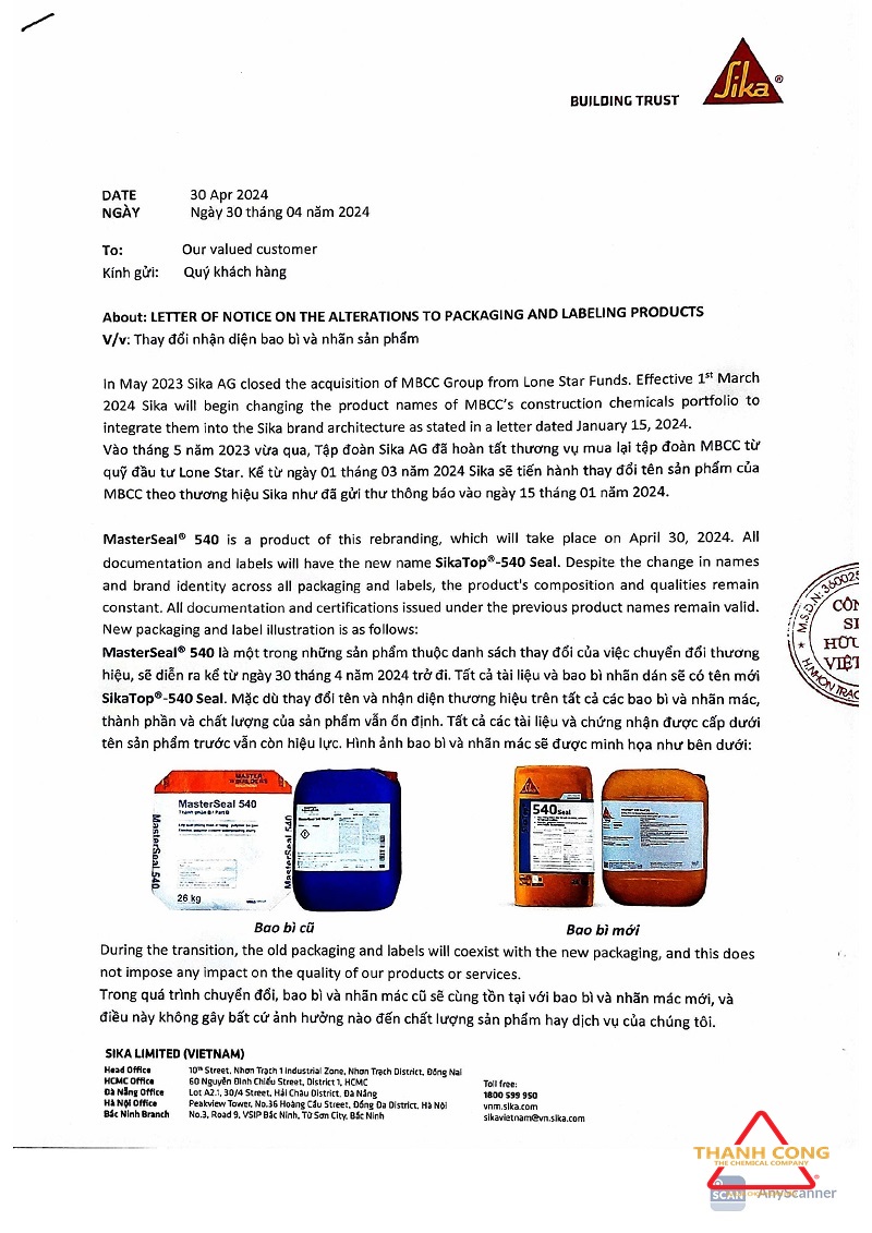 THAY ĐỔI NHẬN DIỆN BAO BÌ VÀ NHÃN SẢN PHẨM MASTERSEAL 540