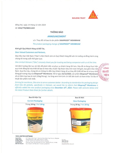 THƯ THÔNG BÁO THAY ĐỔI BAO BÌ SIKAPROOF MEMBRANE 20KG