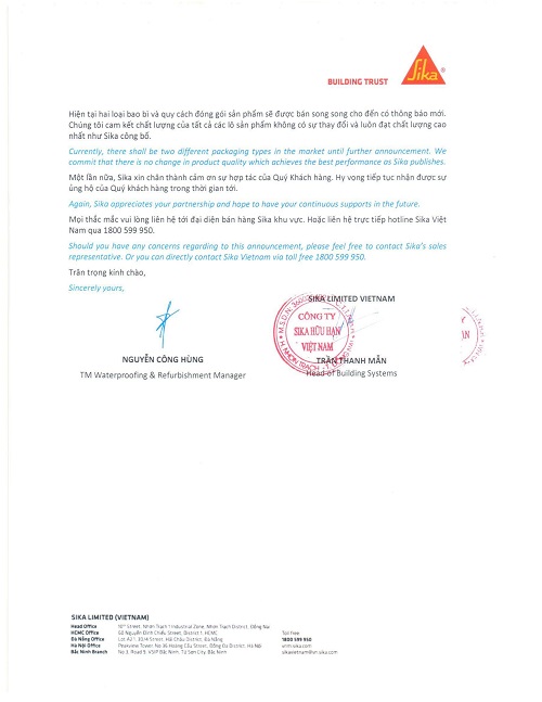 THƯ THÔNG BÁO THAY ĐỔI BAO BÌ SIKAPROOF MEMBRANE 20KG MỚI NHẤT