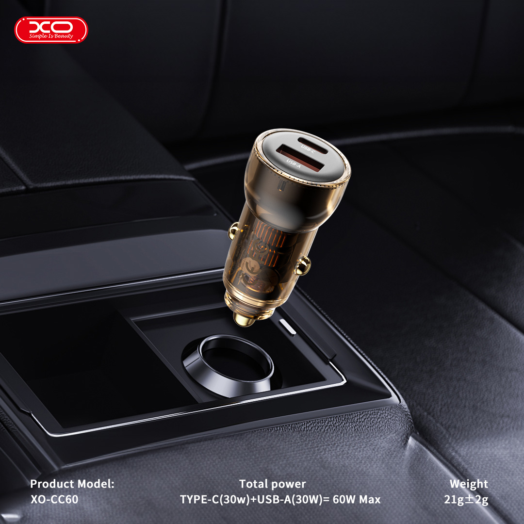 Đầu Sạc Ô Tô Trong Suốt 2 Cổng 30W (Type C/USB) XO CC60 Đầu Sạc Ô Tô Trong Suốt 2 Cổng 30W (Type C/USB) XO CC60