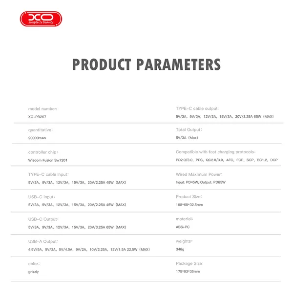Sạc dự phòng XO PR267 - Công suất 65W, dung lượng 20.000mAh, sạc siêu tốc