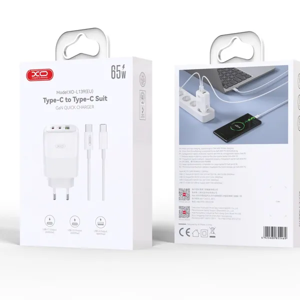 Bộ sạc nhanh 65W đa năng XO L139 EU - Sạc cùng lúc 3 thiết bị, kèm cáp sạc Type C