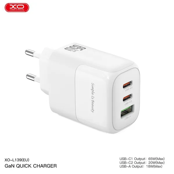 Bộ sạc nhanh 65W đa năng XO L139 EU - Sạc cùng lúc 3 thiết bị, kèm cáp sạc Type C