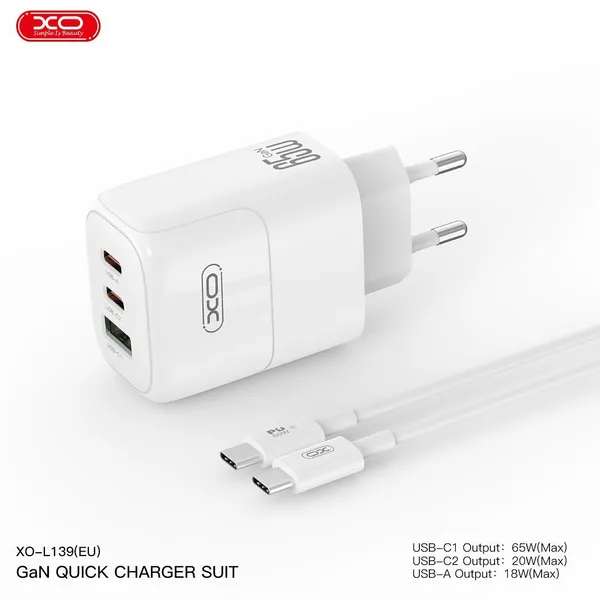 Bộ sạc nhanh 65W đa năng XO L139 EU - Sạc cùng lúc 3 thiết bị, kèm cáp sạc Type C