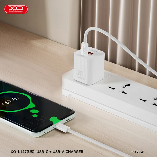 Củ sạc 20W XO L147 - Sạc siêu tốc, nhỏ gọn, lý tưởng cho sạc iPhone và Android.