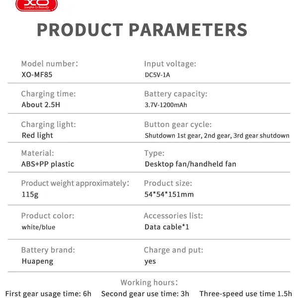 Quạt mini cầm tay XO MF85 - Pin 1200mAh, 3 cấp gió, nhỏ gọn