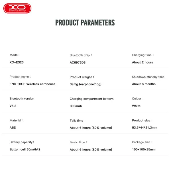 Tai nghe Airpod XO ES23 ENC Chống Ồn, Giá Tốt, Hàng Chính Hãng, Kết Nối Nhanh