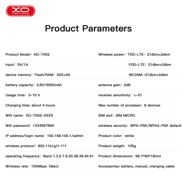 Bộ phát wifi di động XO TX02 - Tốc độ 150Mbps, pin 3000mAh, kết nối hơn 8 thiết bị cùng lúc