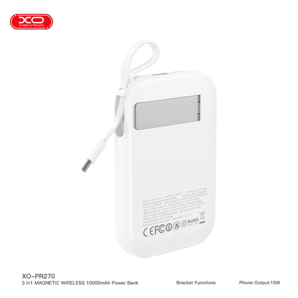 Sạc dự phòng không dây XO PR270 - 10.000mAh, sạc nhanh đa năng 3 trong 1