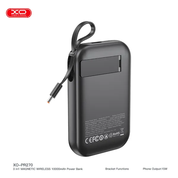 Sạc dự phòng không dây XO PR270 - 10.000mAh, sạc nhanh đa năng 3 trong 1