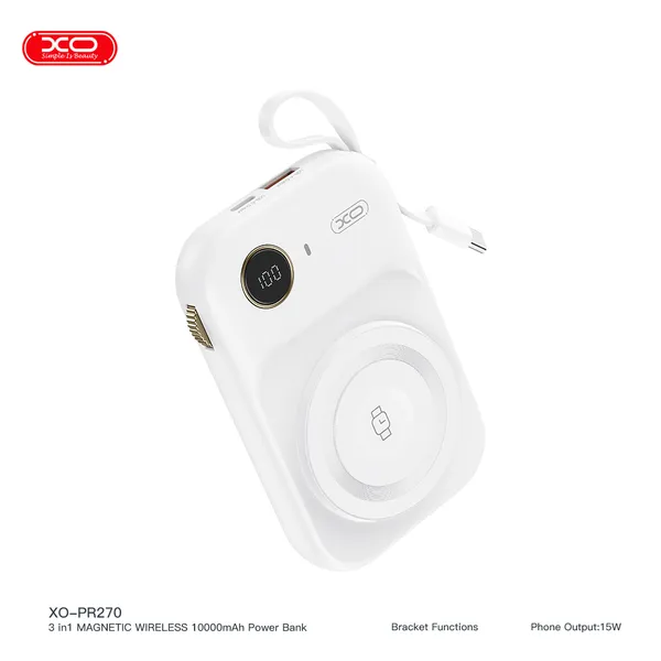Sạc dự phòng không dây XO PR270 - 10.000mAh, sạc nhanh đa năng 3 trong 1