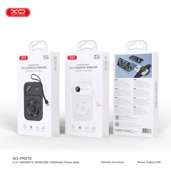 Sạc dự phòng không dây XO PR270 - 10.000mAh, sạc nhanh đa năng 3 trong 1